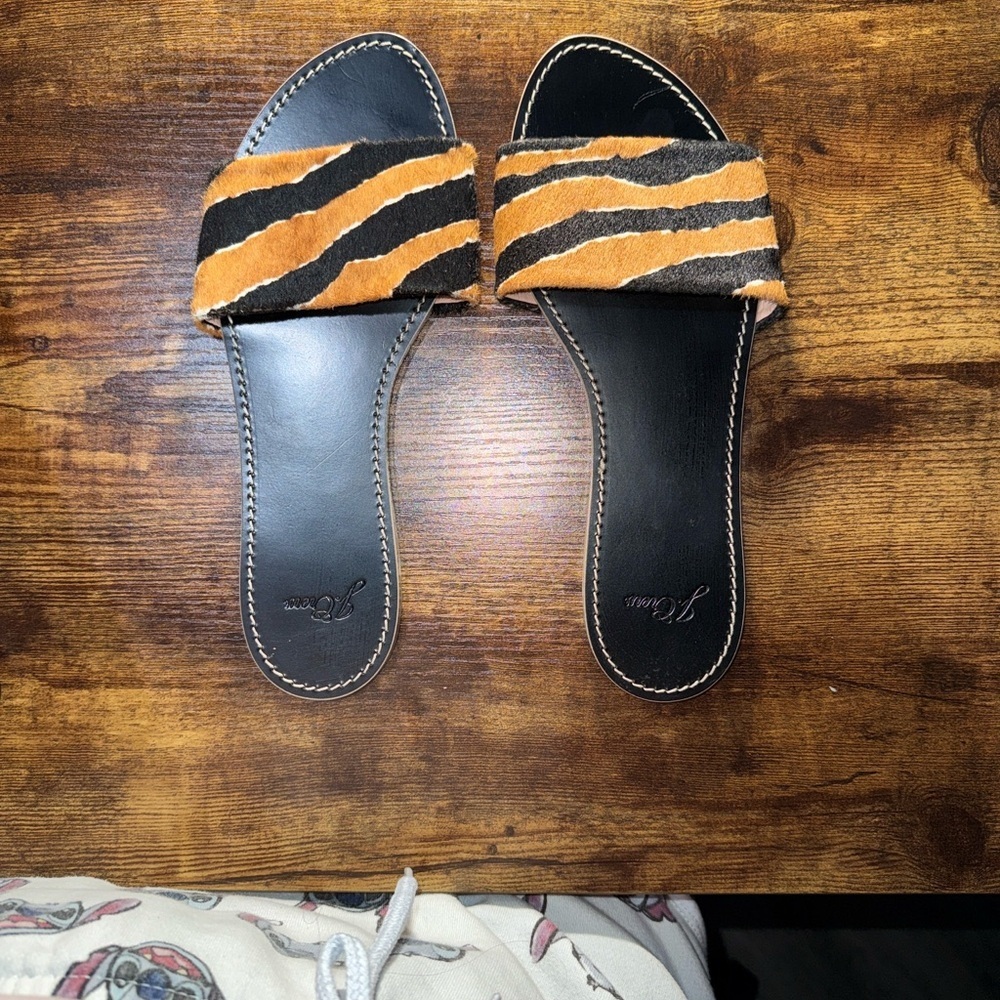 J. Crew Capri Slide Sandals in Tiger Print Calf Hair Brown Black Size 9 SKU006